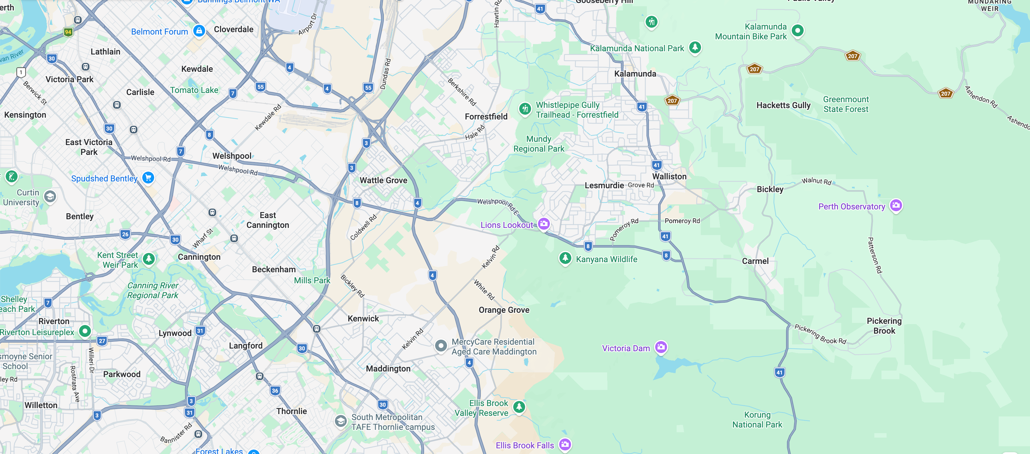 Google Maps view of Perth Hills and surrounding suburbs showing Kingswell Electrics service area