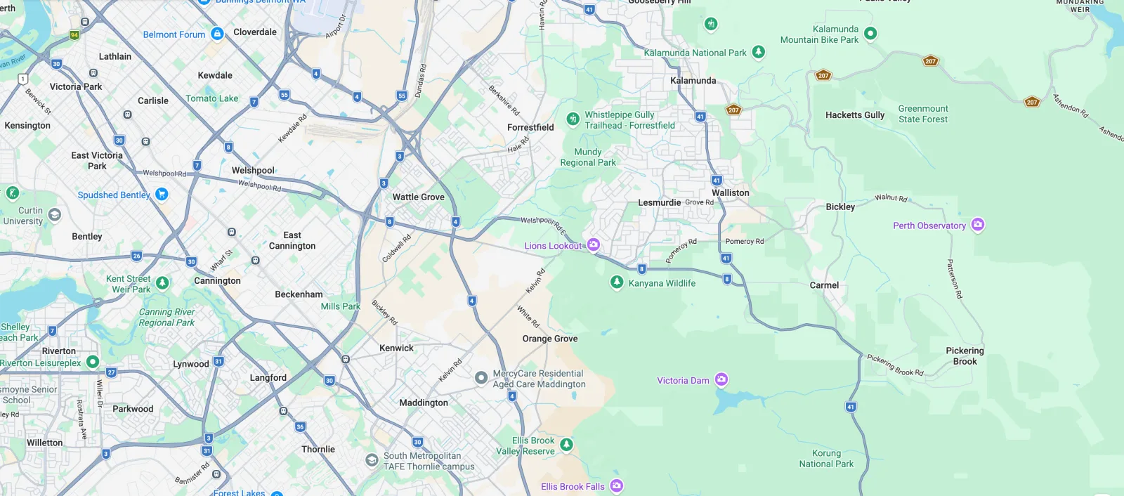 Google Maps view of Perth Hills and surrounding suburbs showing Kingswell Electrics service area